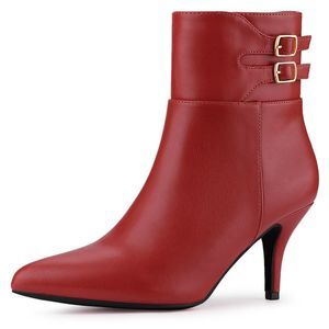 Women's Pointed Toe Buckle Stiletto Heels Red Ankle Boots